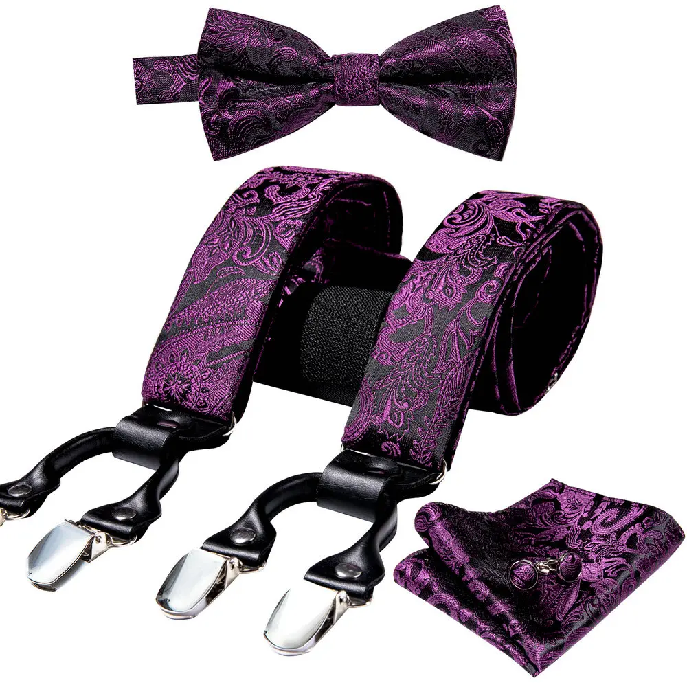 Suspenders For Men\'s Pants Exquisite Plum Purple Floral Silk Jacquard Pre-Bow Tie Handkerchief Cufflinks Set Barry.Wang Designer