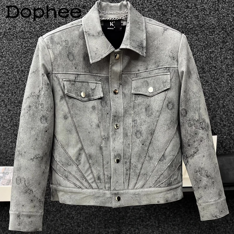 

Men's 2025 Autumn New Loose Fashion Versatile Jackets Lapel Splicing Trend Chic Jackets High-end Retro Tie-dye Short Style Coats