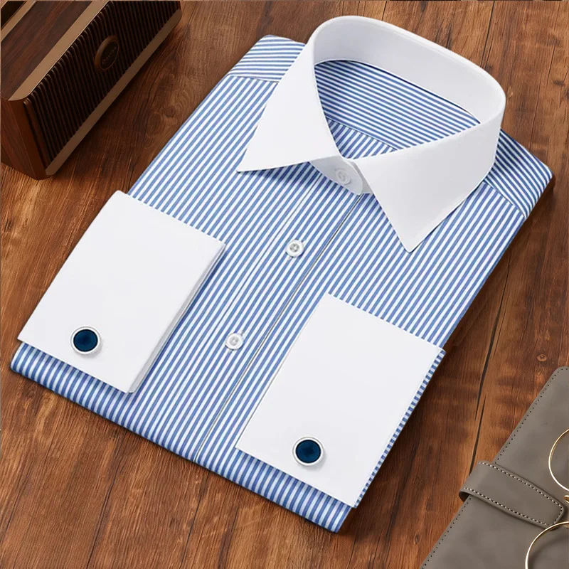 2026 French Cufflink  Shirt Men's Long Sleeve Random Cufflinks Business Commuter Shirt Men's Striped Shirt Men's Clothes
