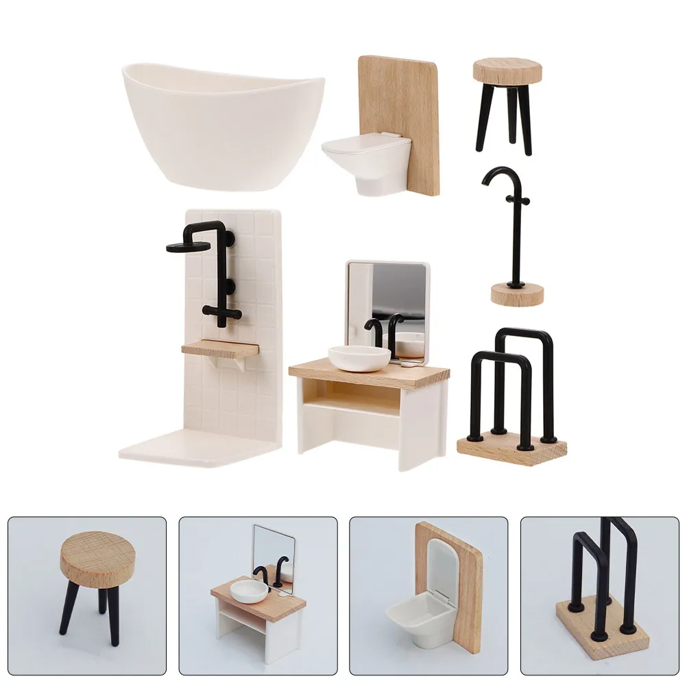 

1Set Realistic Miniature Furniture Bathroom Set for Dollhouse Bathroom Decoration Mini Dollhouse Accessories Plastic Wood Mini