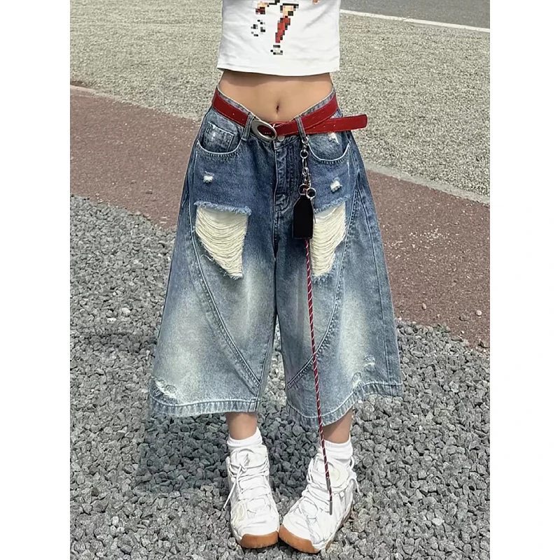 

American Vibe Ripped Wide Leg Denim orts Women's Summer High Street Loose High Waist Wide Leg Seven Parts Pants