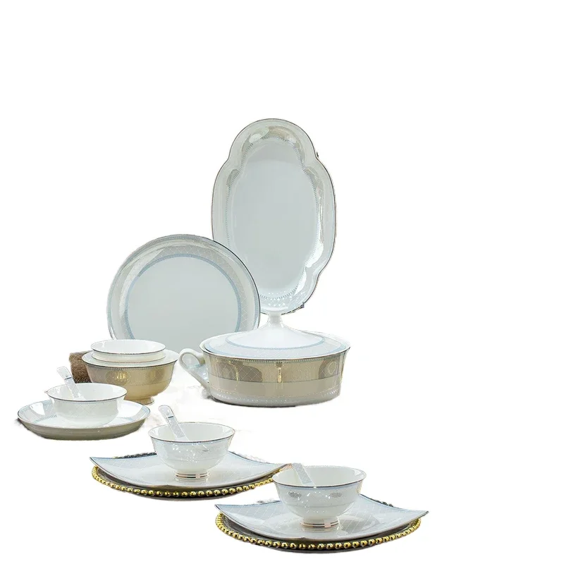 High-end bone china tableware French dishes set Household high-grade relief ceramic dishes and chopsticks housewarming gifts
