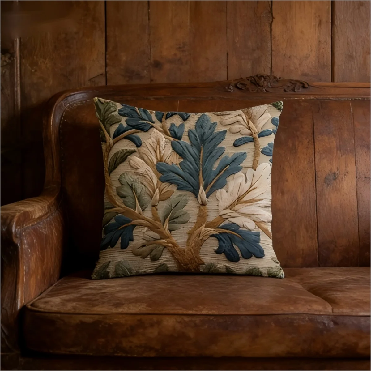 Vintage Boho Leaf Pillow Cover Faux Embroidery Botanical Print Rustic Linen Texture Cushion Case for Sofa Bed Couch  Home Decor