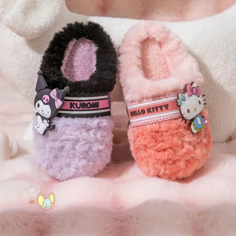 Sanrio Hello Kitty cute sweet warm home women's shoes Kulomi cartoon splicing non-slip plush thick-soled cotton slippers