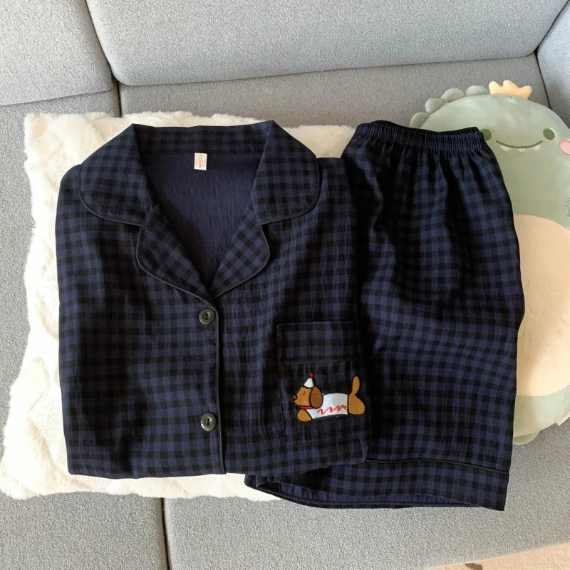 Pigiama carino moda dolce cane ricamo set per donna pigiama scozzese con risvolto elastico in vita design corto nuovo indumenti da notte casual