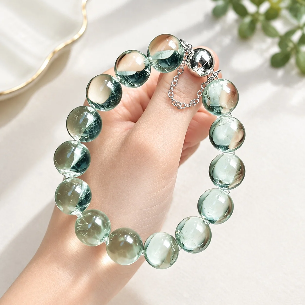 Green Crystal Bubble Bead Bracelet with Geometric Design for Unisex, 13-13.8mm Round Beads, 2026 Spring Fashion Jewelry
