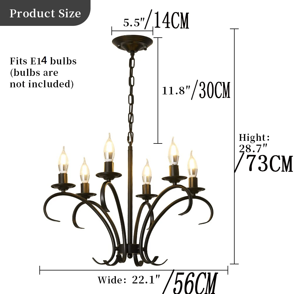 Vintage Wrought Iron LED Chandelier Candle Light Black Metal Lighting Fixture for Living Room Foyer Hanging Pendant Lamp