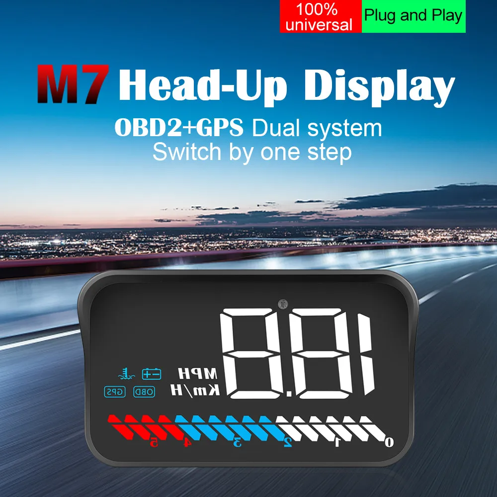 M7 GPS HUD Car OBD2 Head Up Display Speedometer Digital Speed Mileage RPM Windshield Projector Overspeed Water Temp Volt Alarm