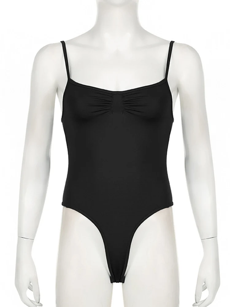 Sweetown Body da donna senza maniche skinny arricciato con cinturino per spaghetti Nero Solido Semplice Canotta sexy di base per le vacanze