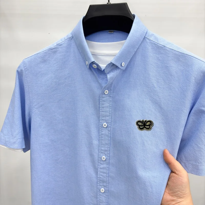 Brand fashion short sleeve 100% cotton shirt high-end new butterfly embossed men's casual summer breathable comfort luxury top