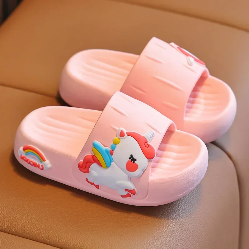 Summer Kids Home Shoes Baby Girls Slippers For 2-8 Years Children Cartoon Unicorn Bathroom Antislip Flip Flops Thick Sole Slides