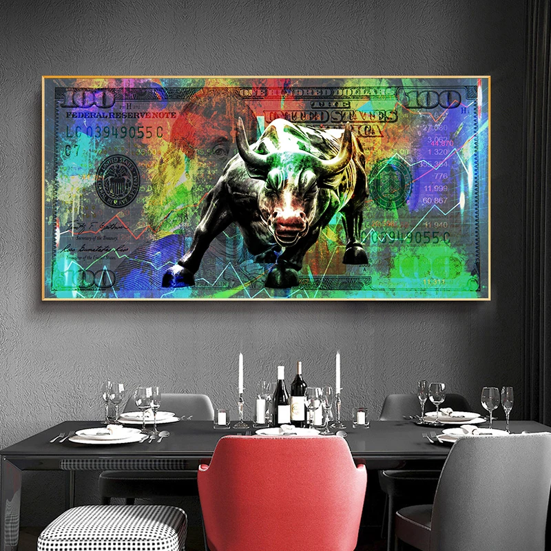 Graffiti One Hundred Dollar Canvas Painting Wall Street Charging Bull Money Motivation Poster Modern Home Living Room Decor