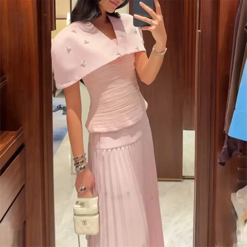 

Little Daisy CustomizedPleated Prom Dress Beads Cape Evening Dresses Floor-length Party Formal Occasion Gown