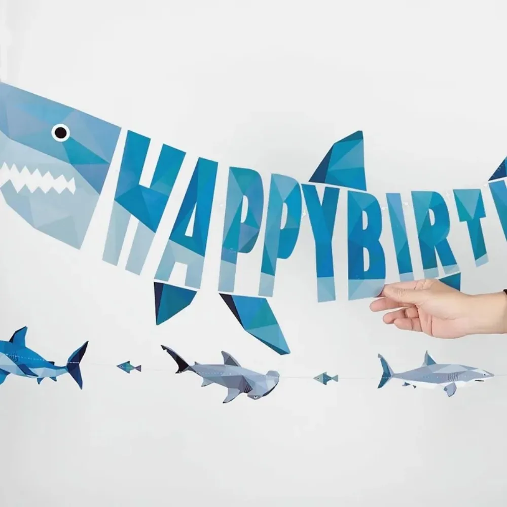 Blaue Hai-Geburtstagsparty-Dekorationen, Happy Birthday Banner, hängende Hai-Girlande, Unterwasser-Meer-Pool-Party-Zubehör – Detail 8