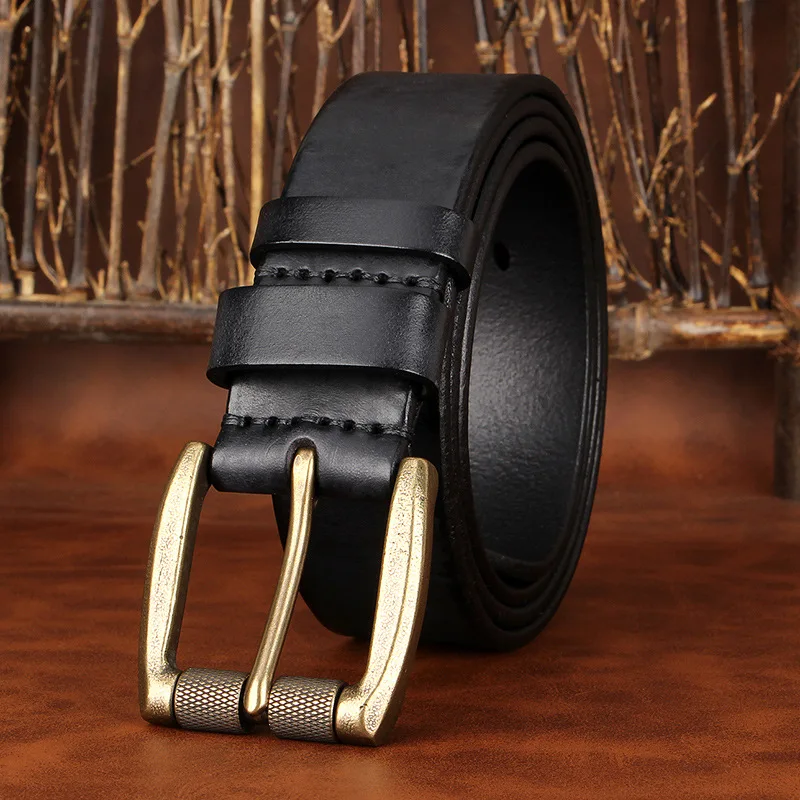 

Мужской ремень из натуральной кожи с утолщенной пряжкой из воловьей кожи первого слоя, однотонный медный ремень с пряжкой в стиле ретро для джинсов