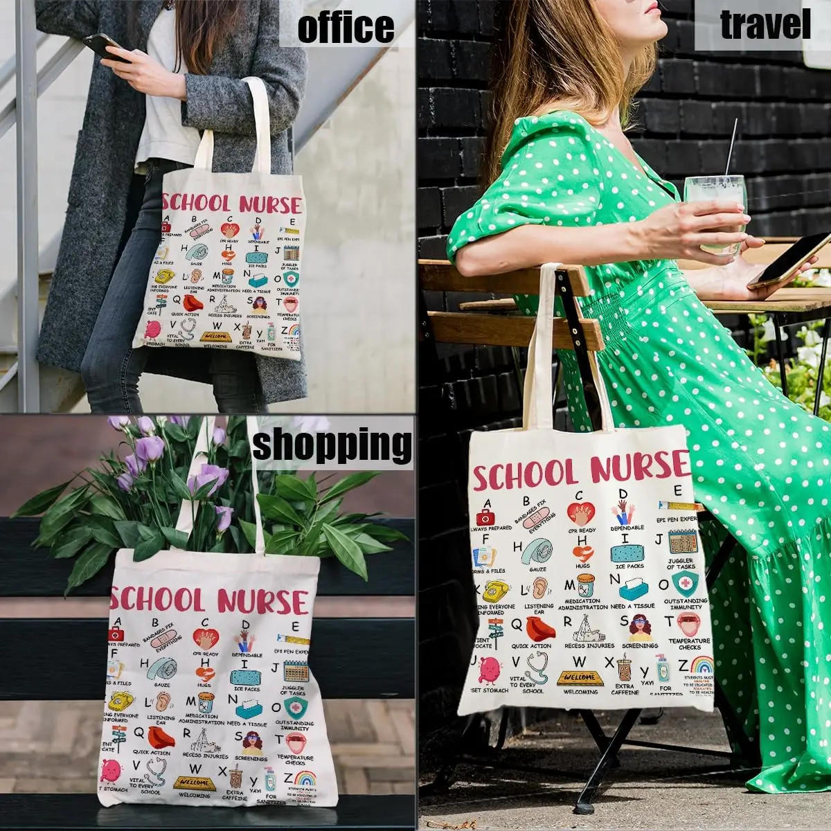 Nurse Appreciation Gift Canvas Tote Bag School Nurse Alphabet Medical Graphic Print Reusable Daily Shoulder Shopping Bag