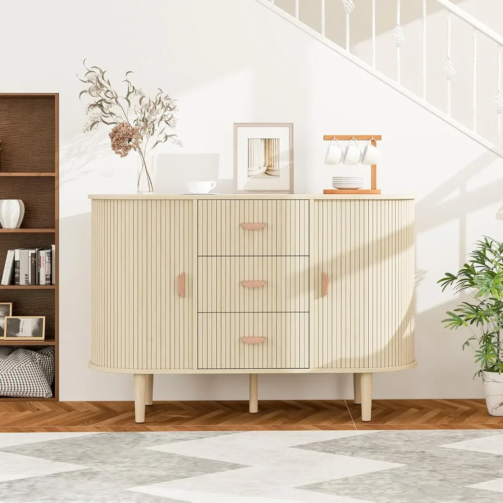 for Sideboard Storage Cabinet with Solid Wood Leg，Modern Accent Cabinet with Sliding Doors,2 Doors and 3 Drawer Credenzas