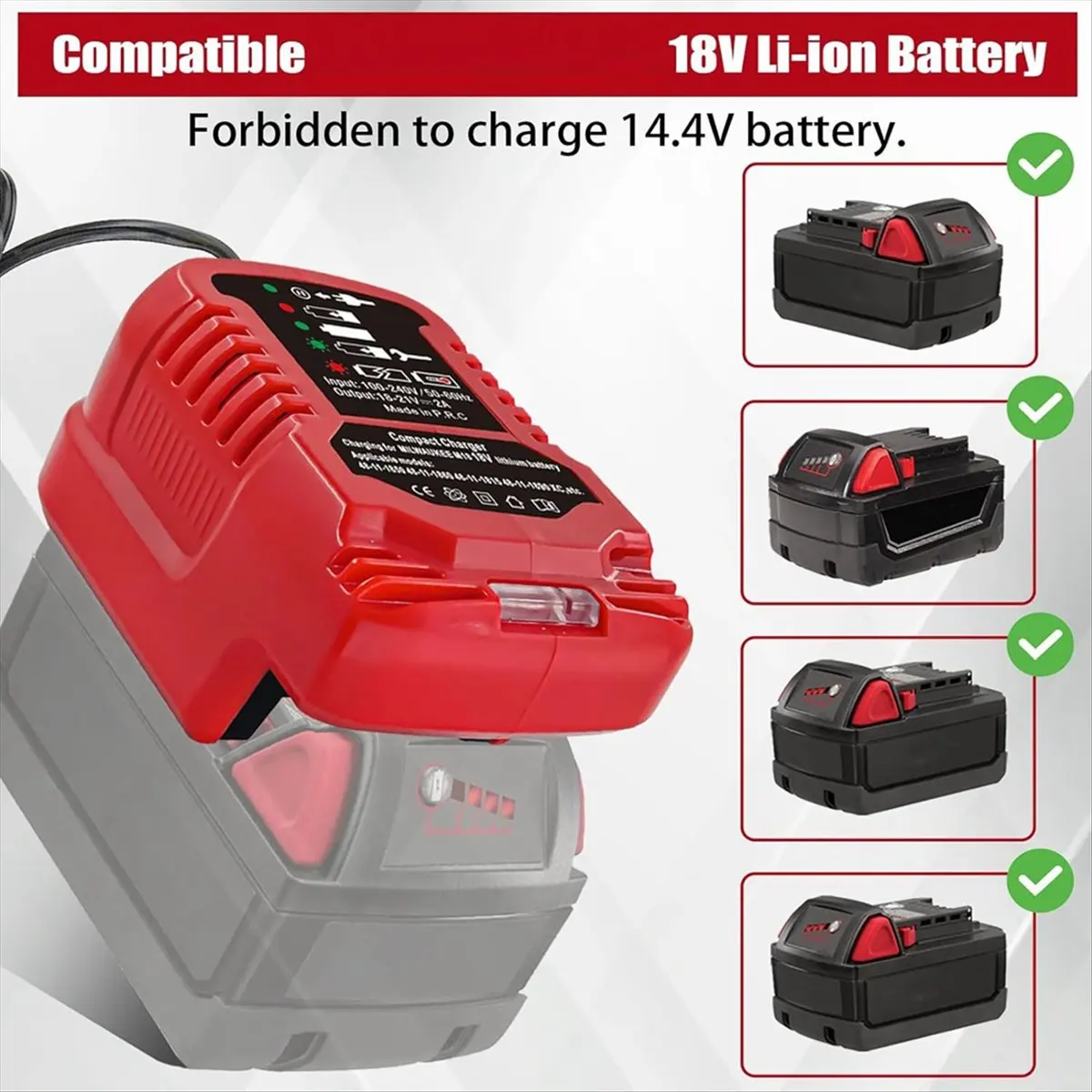 

(PQWN) Замена мини-зарядного устройства для аккумулятора Milwaukee M18 18В, в 1/4 размере от оригинального, для 48-11-1850, 48-11-1840, 48-11-1815, с американской вилкой.