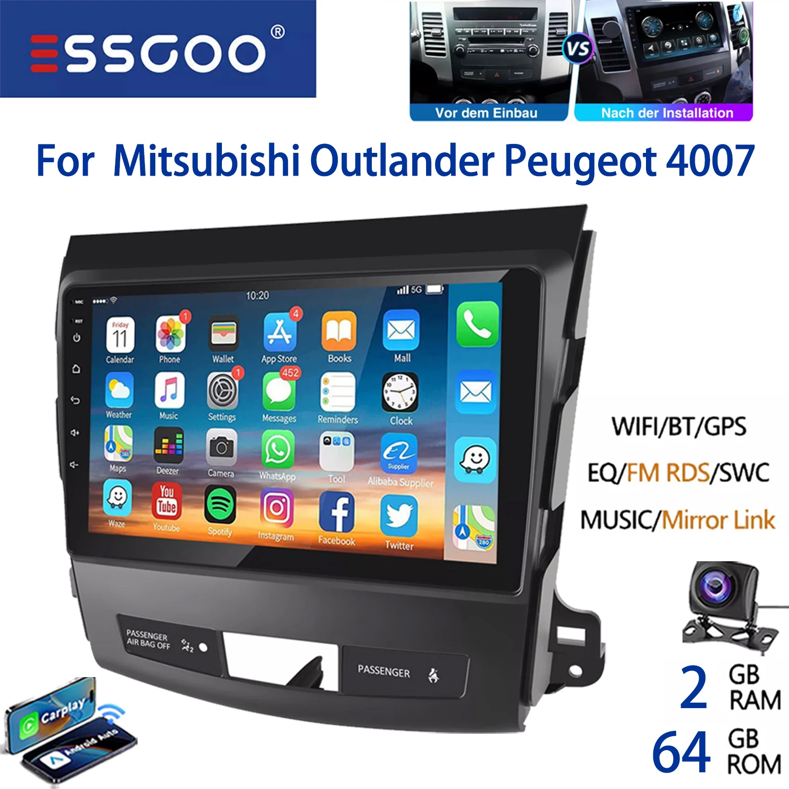 Autoradio ESSGOO Android 15 9 Inch 32G/64G voor Mitsubishi Outlander II 2006-2012 Peugeot Draadloze CarPlay Android Auto GPS Navigatie WiFi FM RDS Bluetooth Stuurwielbediening Mirror Link IPS - afbeelding 1