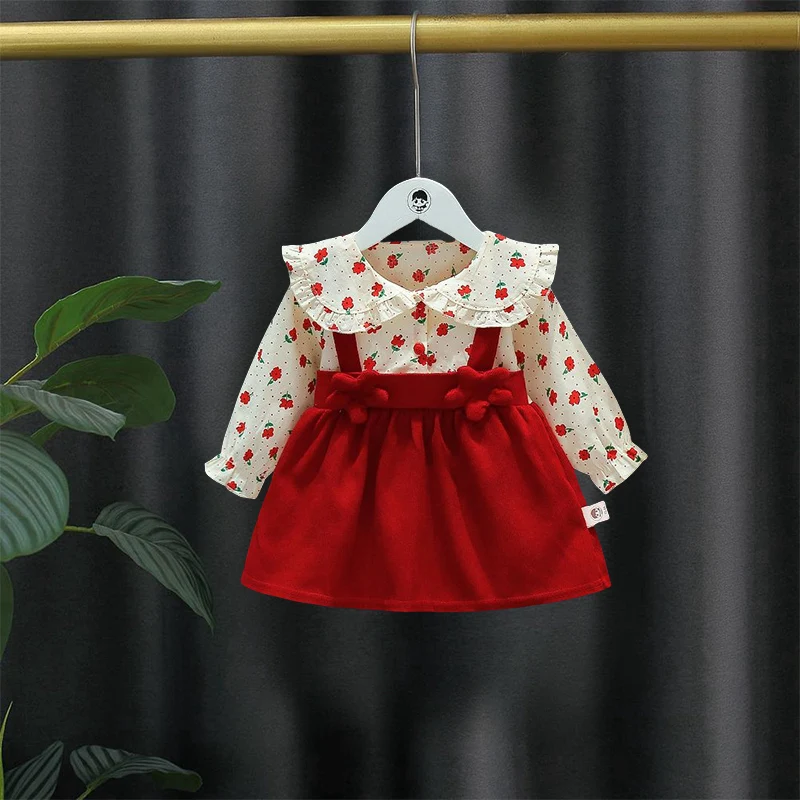 

Весенне-осеннее новое платье с длинными рукавами и бретельками для девочек, милая детская юбка с большим воротником и 3d цветами для маленьких девочек