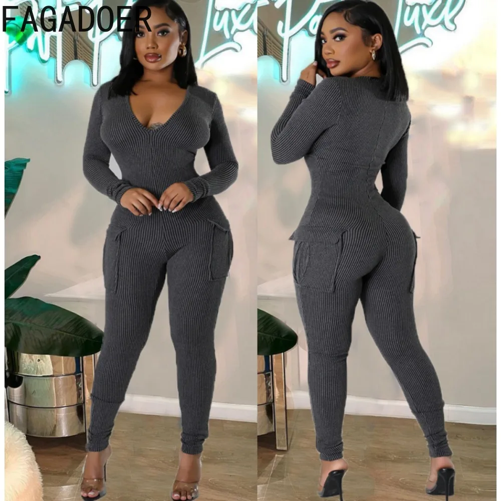 

FAGADOER Side Pockets Cargo Pants Jumpsuits Women Long Sleeve Round Neck High Stretchy Female Casual Jumpsuit 2024 Streetwear