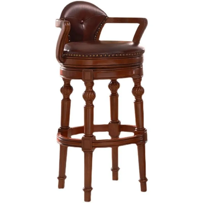 European solid wood bar chair, home rotating leather bar chair, retro American high chair, bar stool light luxury