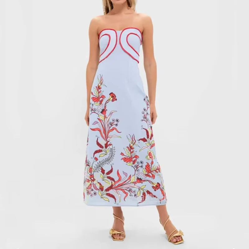 

Summer Off Shoulder Backless Hollow Dress Casual Floral Print Sexy Evening Dress Women 2026 Spring Strapless Tube Top Long Dress