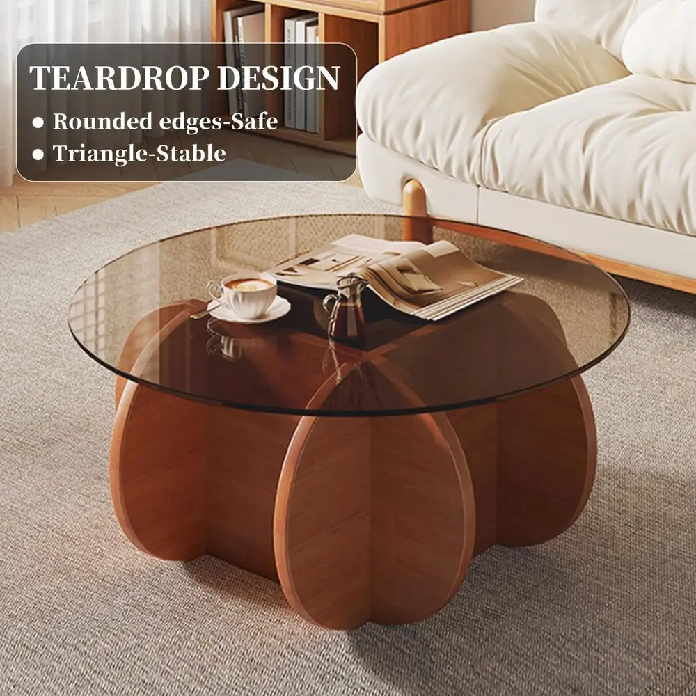 Mid-Century Modern Round Glass Coffee Table - Small Walnut Brown Table for Living Spaces & Offices