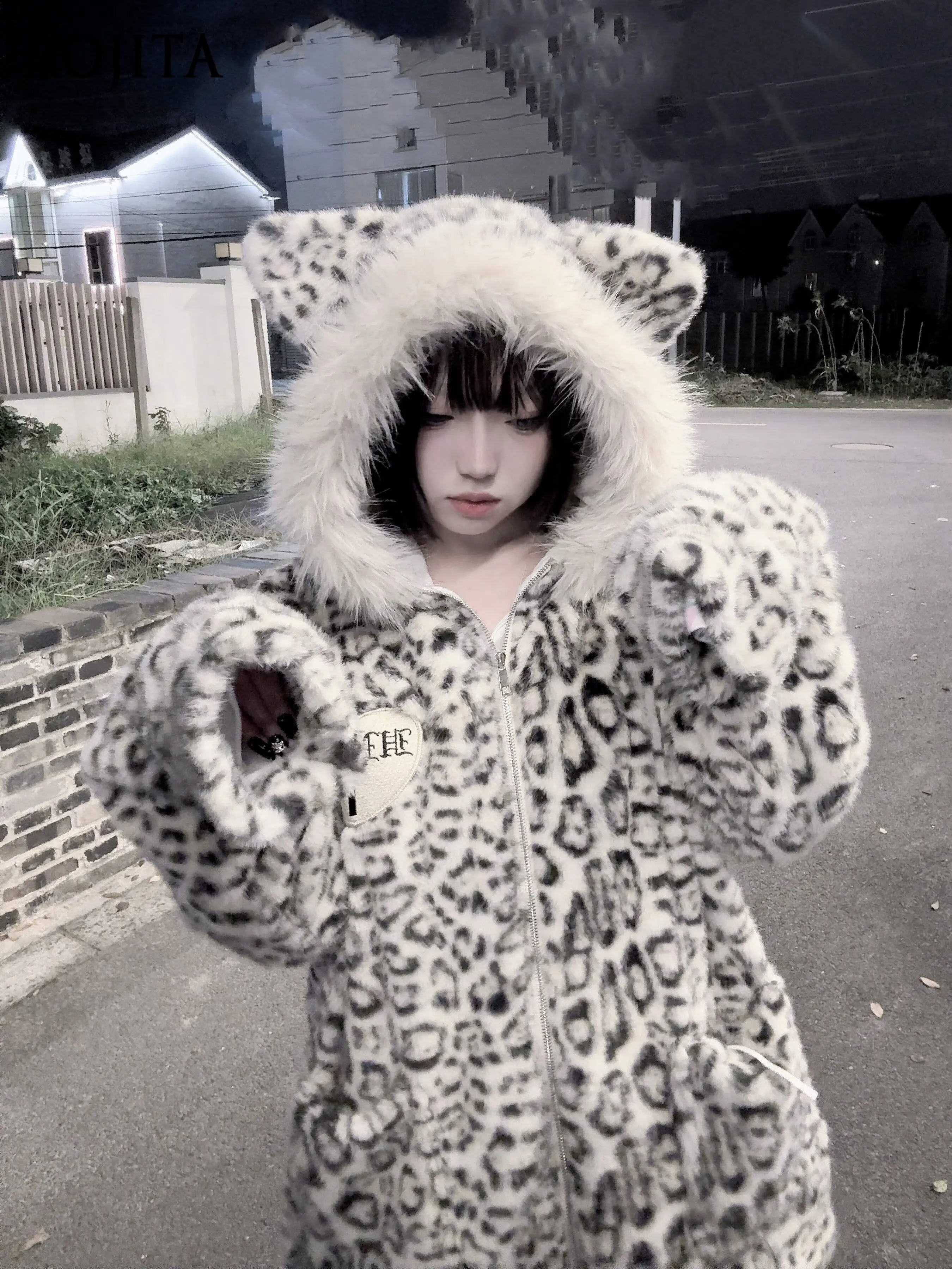 Y2K Leopard Plush Fuzzy Hooded Coat Raccoon Fur Trim Hood Leopard Tail Zip Up Loose Oversized Warm Winter Outerwear Jacket