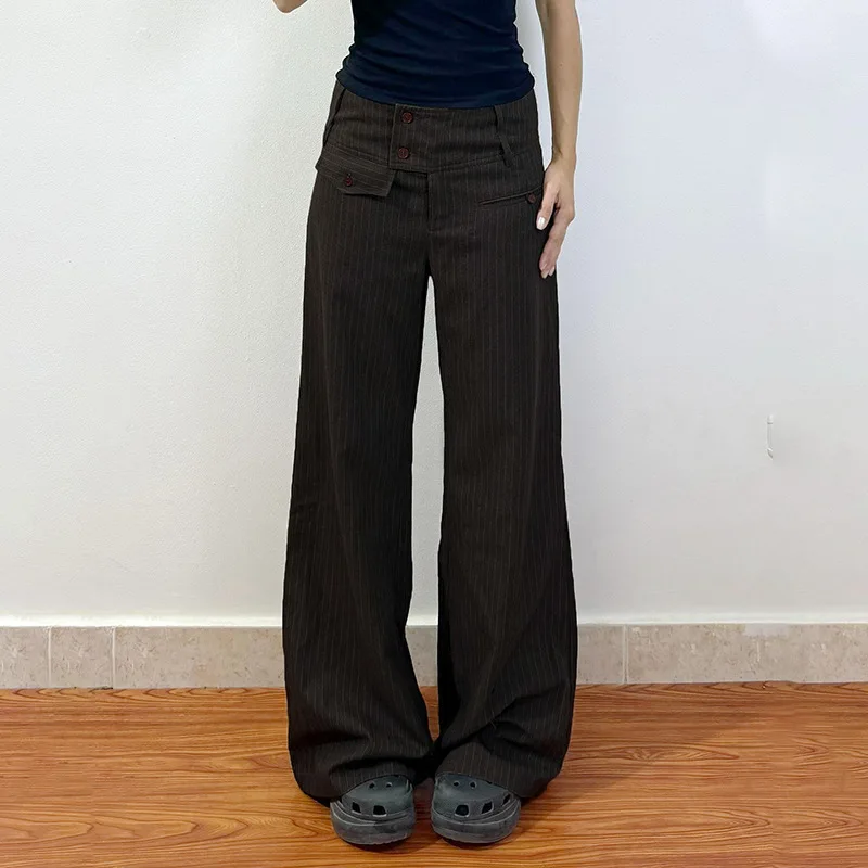 

90s Retro Button Stripe Pants Women's Low Waist Loose Wide Leg Casual Pants Summer Street Style Y2k Aesthetic Suit Pants Straigh