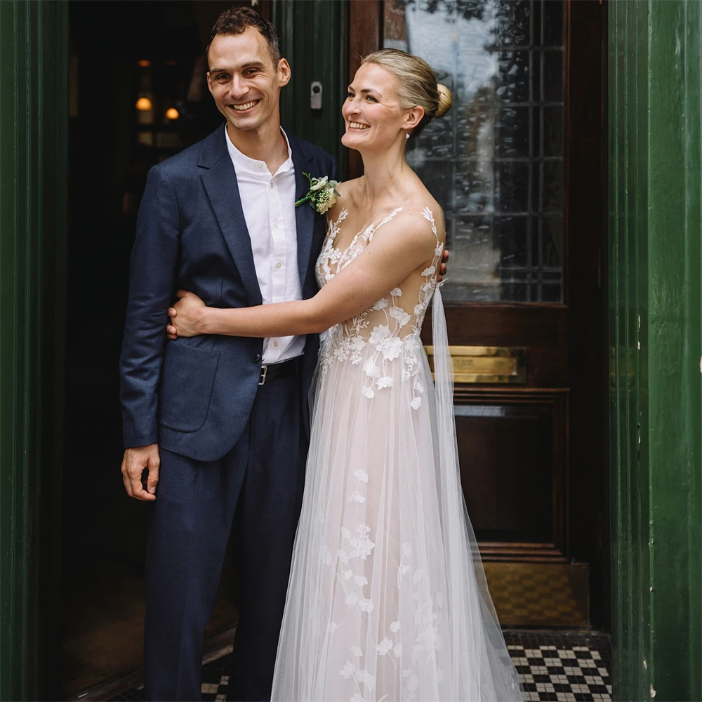 Vestido de novia de corte en A para fotografía de novia, impresionante vestido de novia con tirantes finos, apliques de encaje, Espalda descubierta, bohemio, 20317 #2024