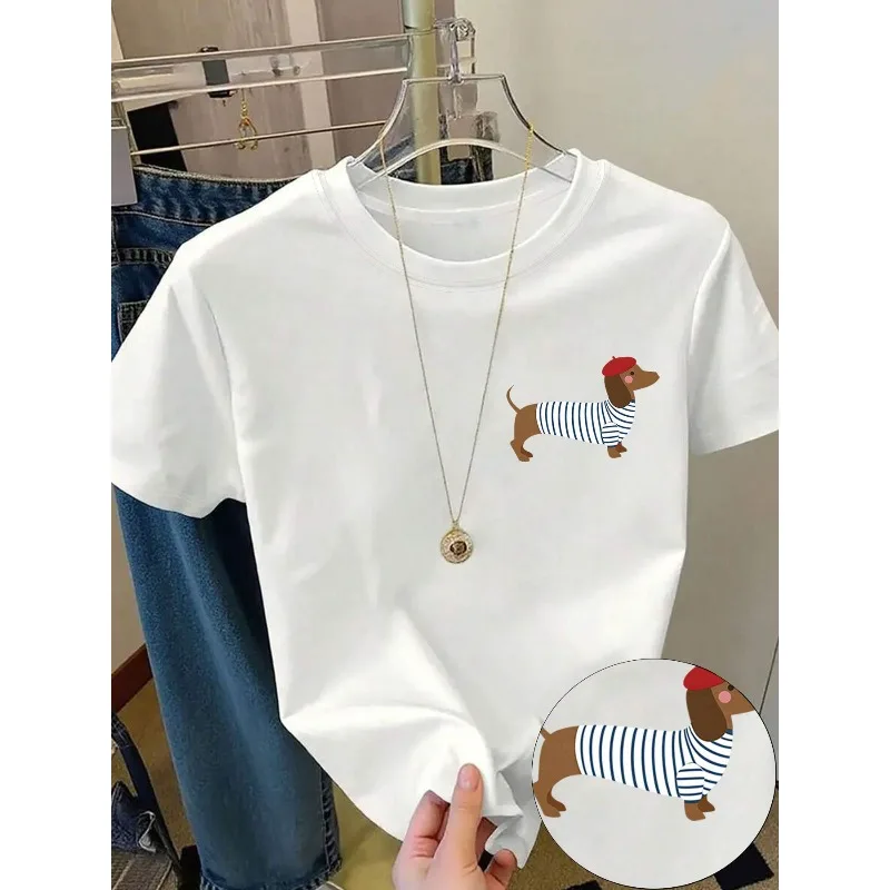 Spring and Summer Casual Simple and Fashionable Women T-shirt Cartoon Style Sausage Dog Print Short Sleeved Pure Cotton T-shirt