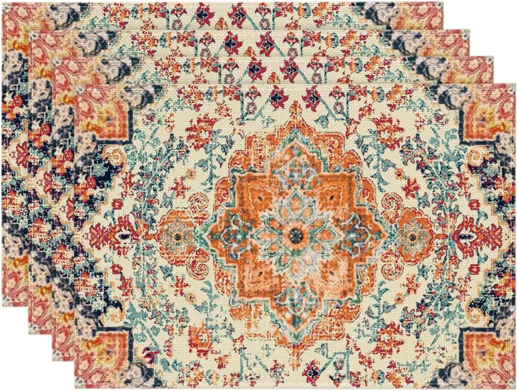 

Boho Placemats Set of 4 Luxury Daily Orange Teal Flowes Bohemia Table Mats for Home Party Dining Decoration 12x18 Inch Placemat