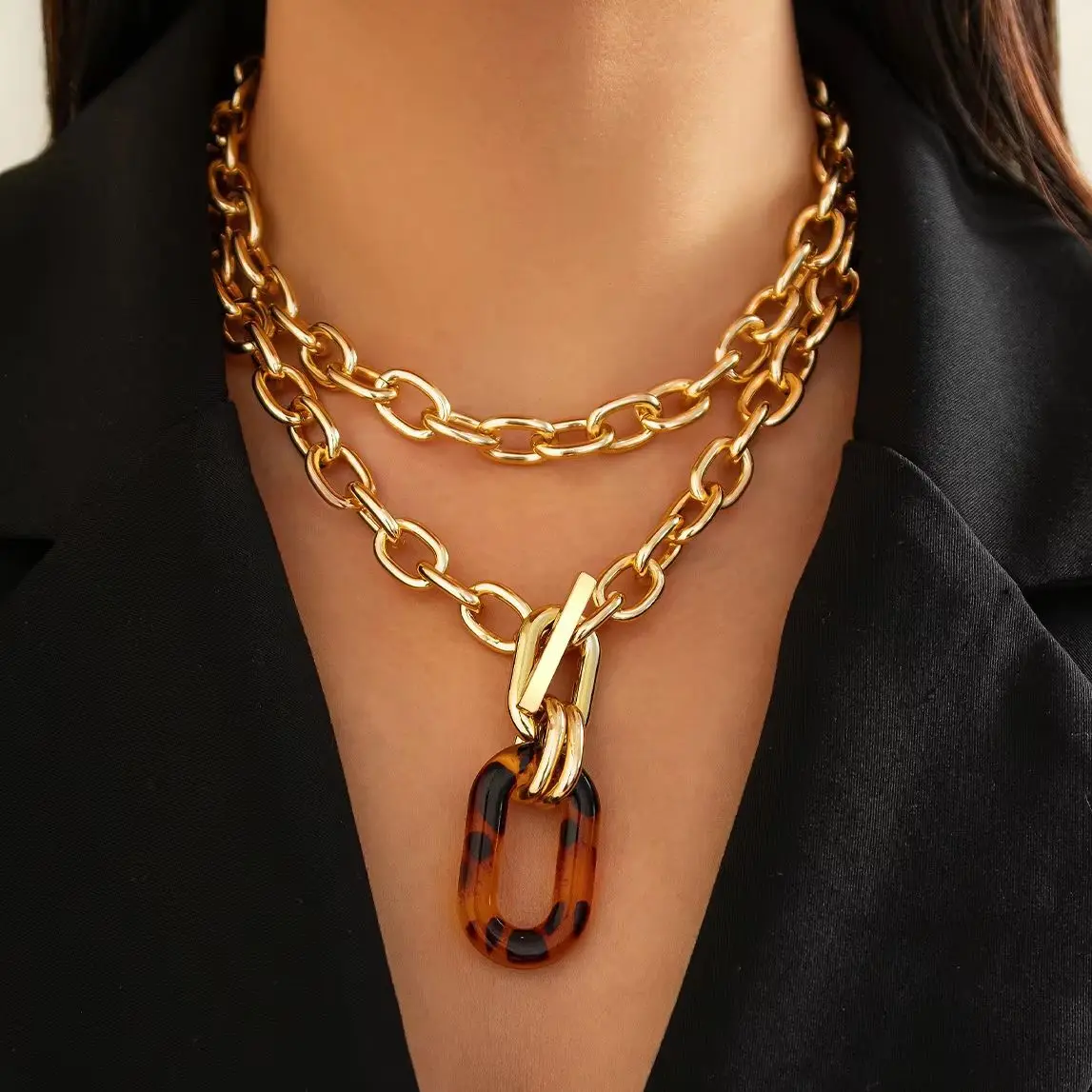 SHIXIN Vintage Acrylic Leopard Print Square Pendant Necklace for Women Punk Multi Layer Chunky Cross Chain Necklace Neck Jewelry