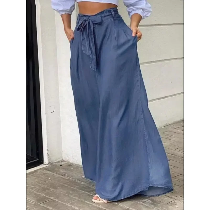 Jennifer Women’s Autumn Wide Leg Pants 2024 Fashion Tied High Waist Loose Trousers Lmitation Denim Casual Streetwear Pants