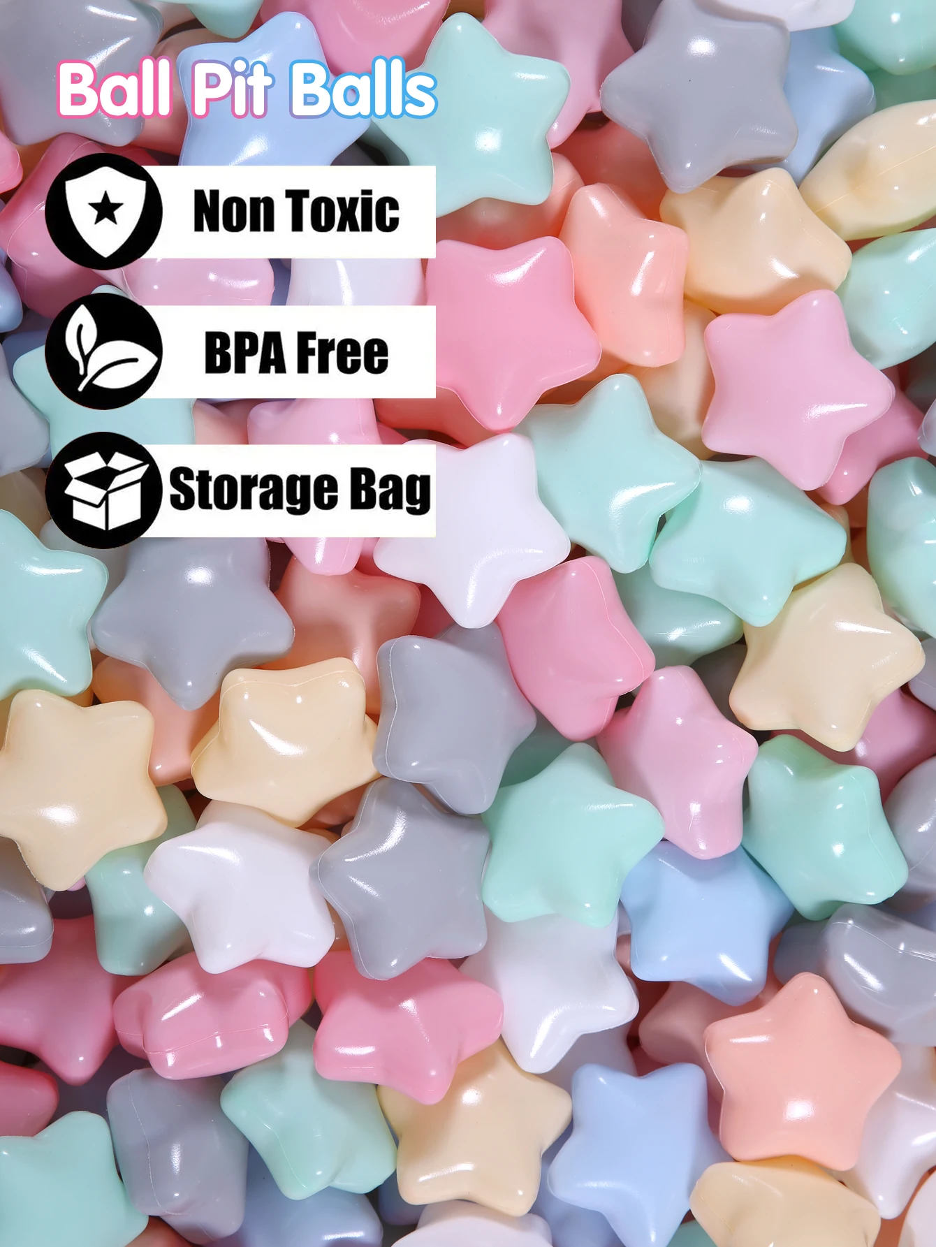 Bolas de juguete de plástico a prueba de aplastamiento, mezcla de macarrones con forma de estrella, 7 colores, sin BPA, de 2,67 pulgadas, 150 Uds.