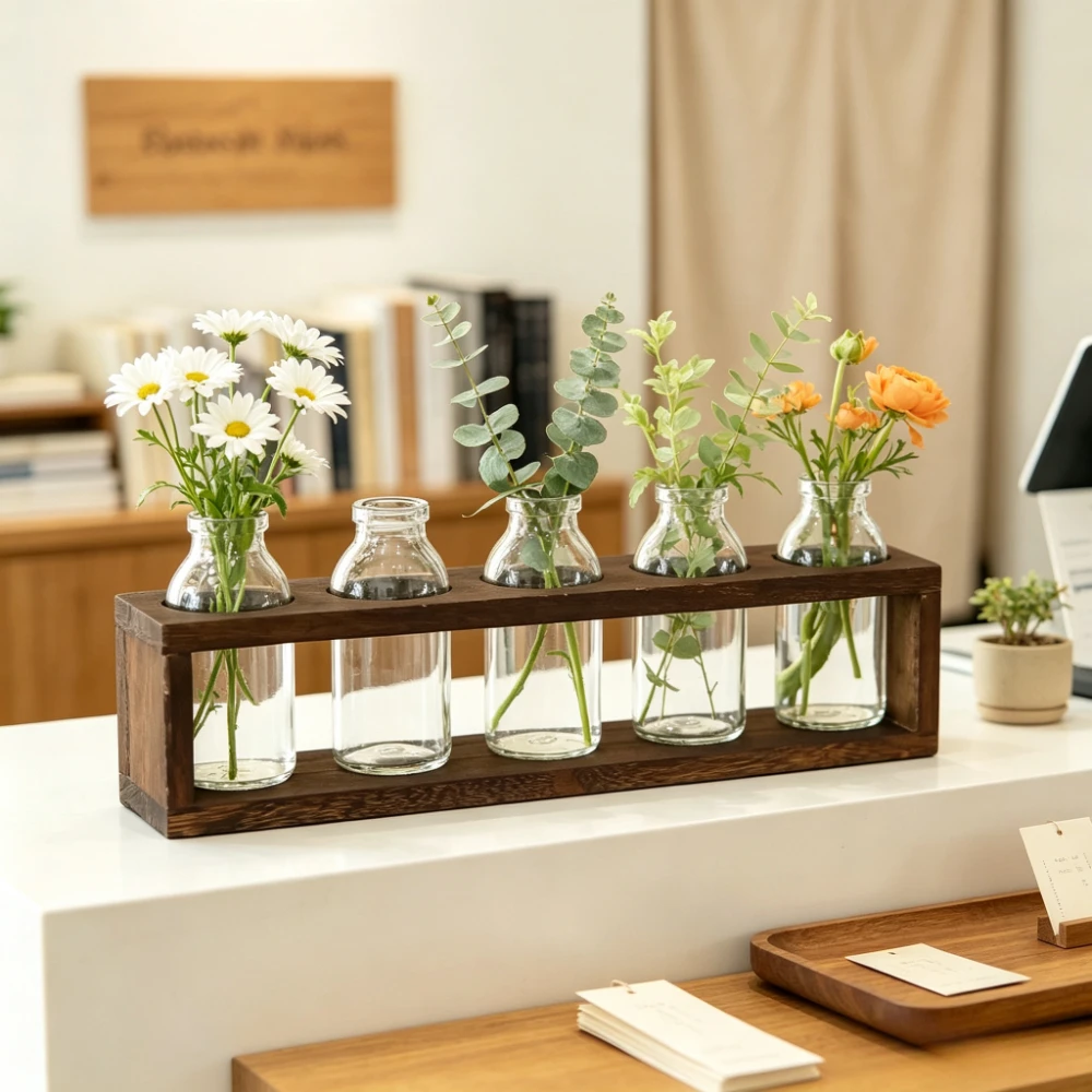 Nordic Style Glass Vase with Wood Frame Base Hydroponic Flower Arrangement Container Home Office Desktop Decor Ornament