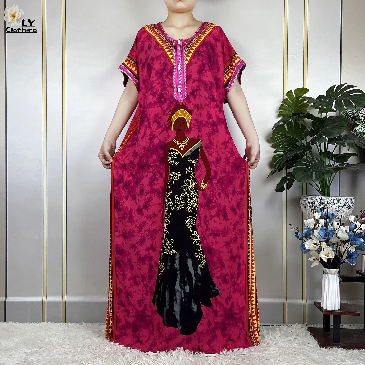 2023 New African Style Short Sleeve Dresses Cotton Pattern Printing Muslim Loose Robe Women Elegant Dress African Abaya Clothes