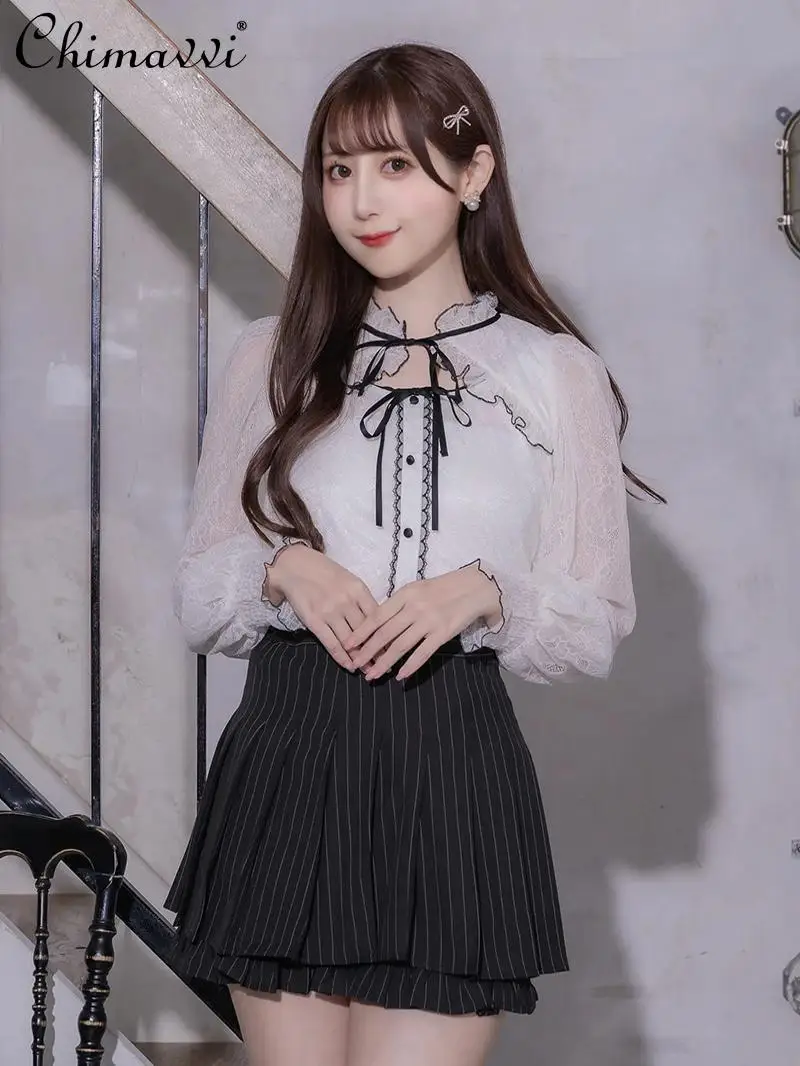 

2025 Autumn Clothes New Sweet Temperament Lace Hollow Out Lace-Up Sexy Blouse Fairy Long Sleeve Slim Fit Girl Women Blouse Top