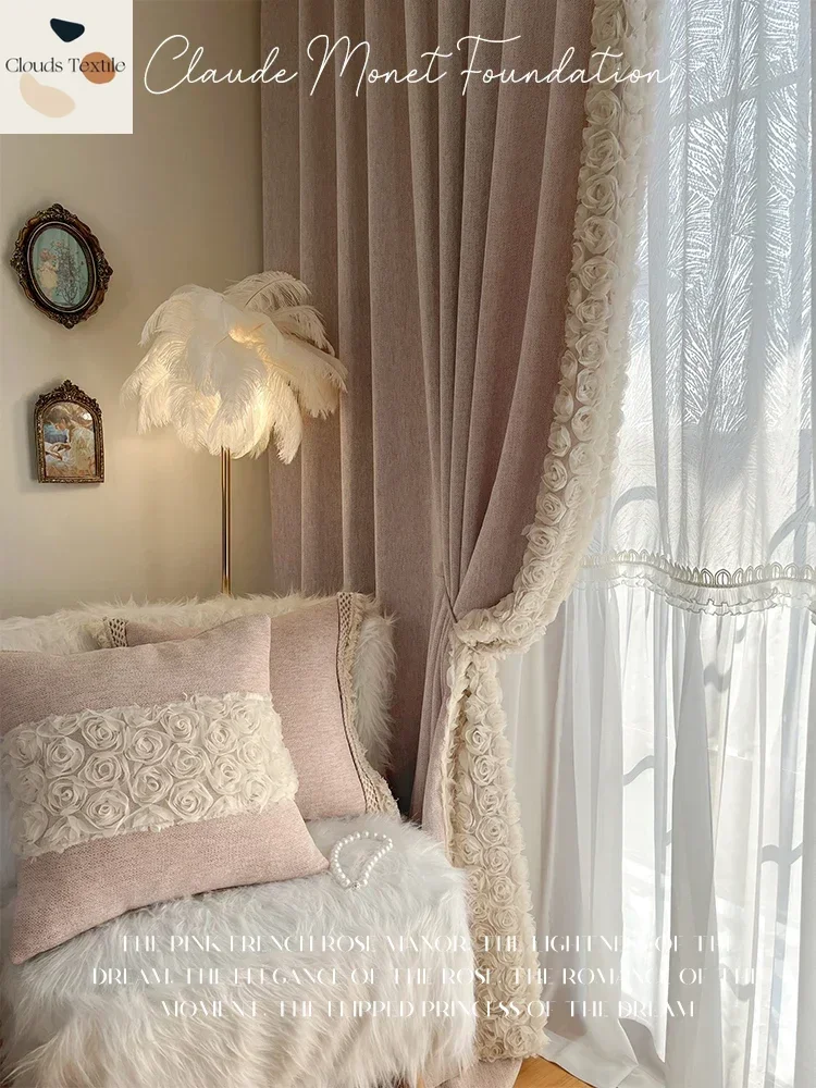 Customized Rose Mist Pink French Curtains for Living Dining Room Bedroom Princess Style Lace Lace Romantic Beautiful Curtains