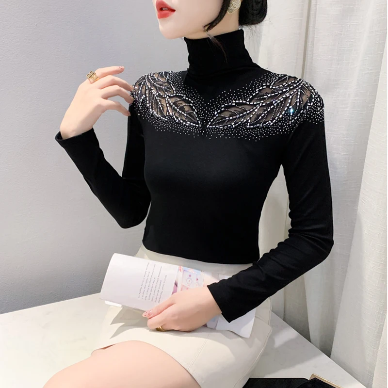 2024 European Station Long Sleeve Women Tees Autumn Winter New Stand collar Hot Diamond T Shirt Fashion Slim Mesh Tops