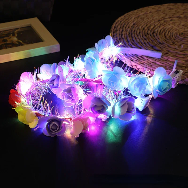 20pcs Girl Children Princess Flower Crown Headband Light Up Garlands Glowing Floral Wreath Beach Party Birthday Wedding Festival