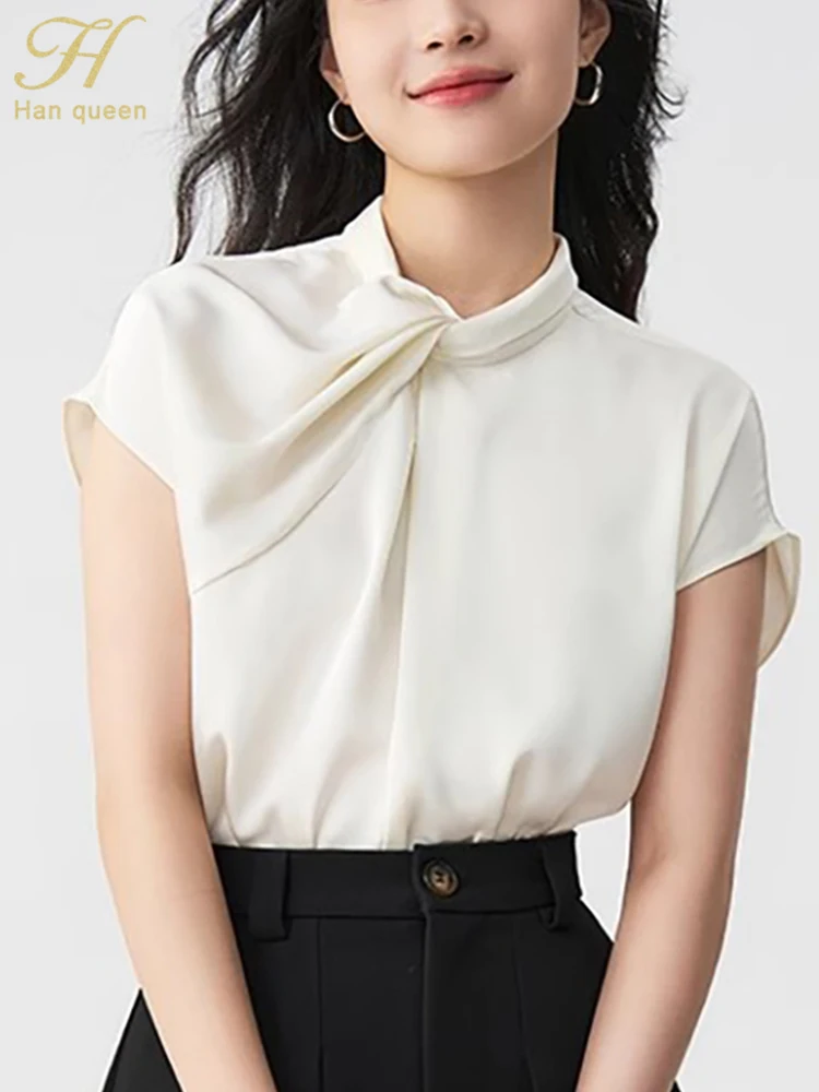 

H Han Queen Hot Sales Summer Korean Reviews Many Clothes Women Top Vintage Short Sleeve Casual Office Shirt Elegant Loose Blouse