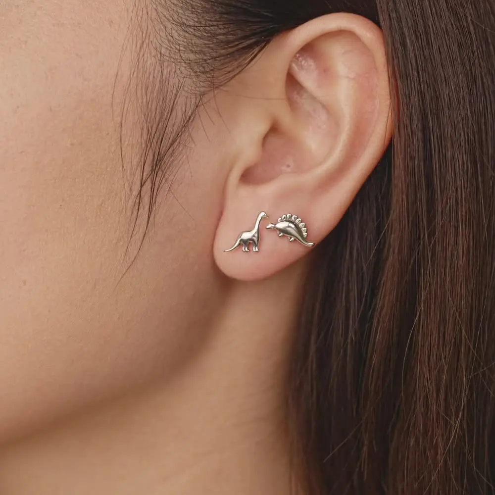 BAMOER 925 Sterling Silver Mismatched Dinosaur Stud Earrings, Hypoallergenic Cartilage Tragus Piercing Jewelry Gifts for Women