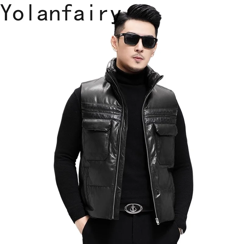 

YOLANFAIRY Top Layer Goatskin Leather Jackets Man Winter Down Vest Men Sleeveless Puffer Coats 100%Real Leather Jacket Waistcoat
