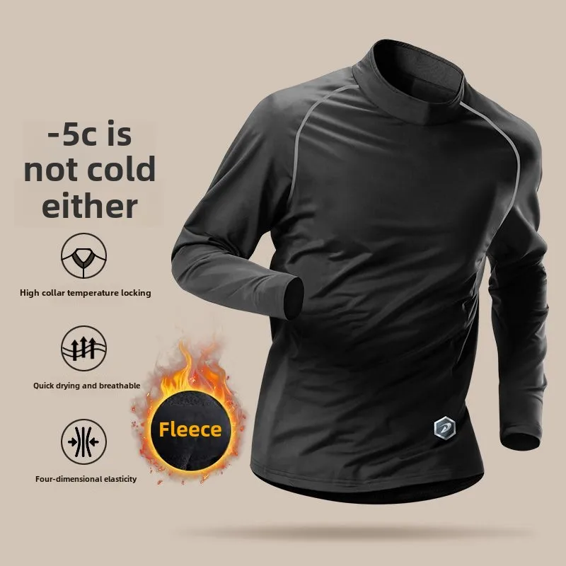 Men Winter Plush High-Neck Training Suit Quick-Dry Thermal Tight Long-Sleeve Fitness Base Layer Running Exercise Men's Clothing