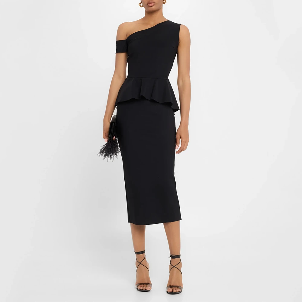 

Midi Cocktail Dresses Column One Shoulder Off the Shoulder Women's Cocktail Gowns Tea Length Straight Simple Formal Party Dress