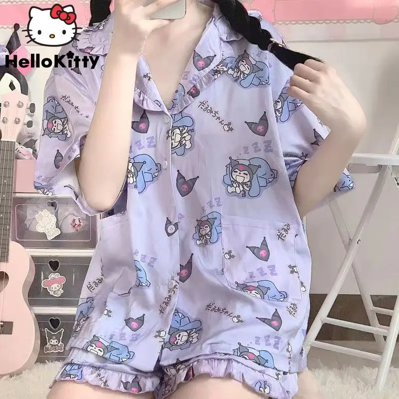 Sanrio Hello Kitty My Melody Cinnamoroll Anime Sleepwear Female\'s Summer Cute Sweet Y2k Girl Pajamas New Fashion Casual Home Set