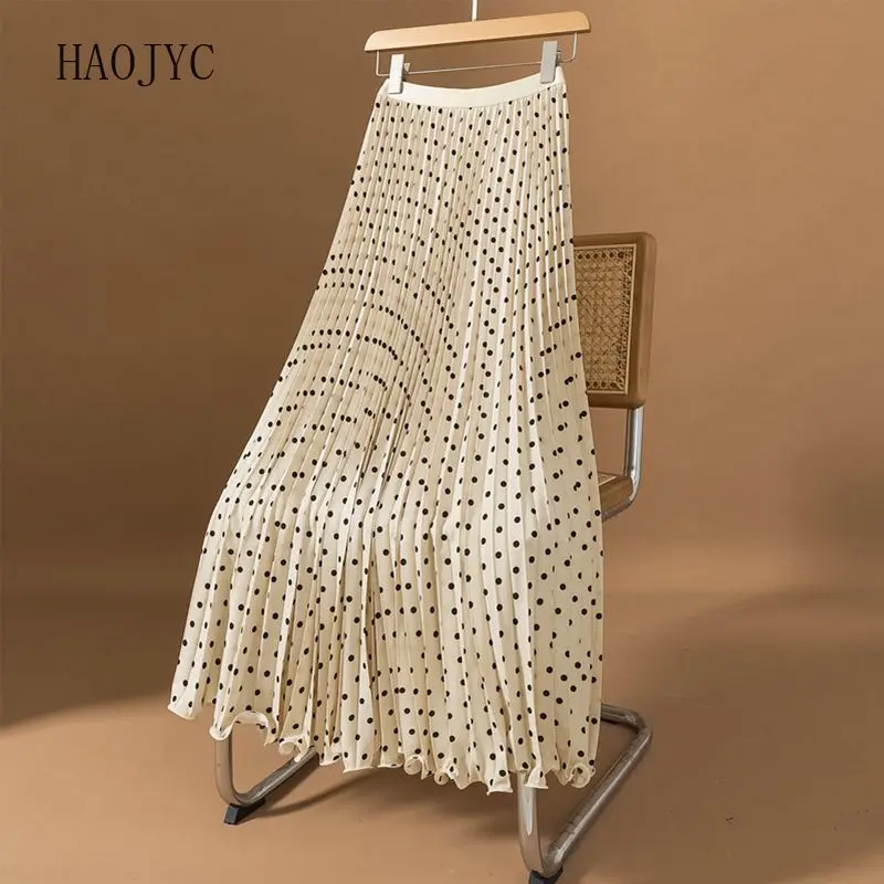 French high-waisted new polka-dot pleated summer dress, thin loose square dance, swinging beach skirt
