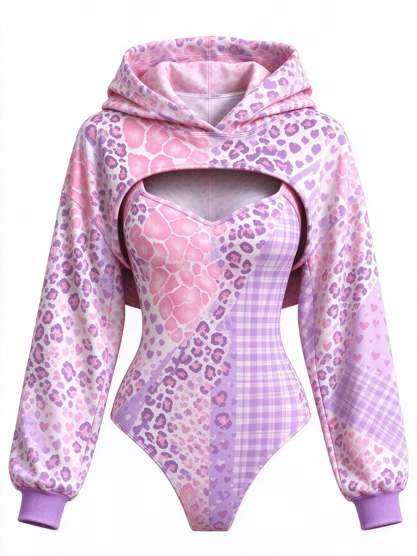 Women Pink Purple Leopard Plaid Mixed Print Double Hood Bodysuit Hollow Out Long Sleeve Hoodie